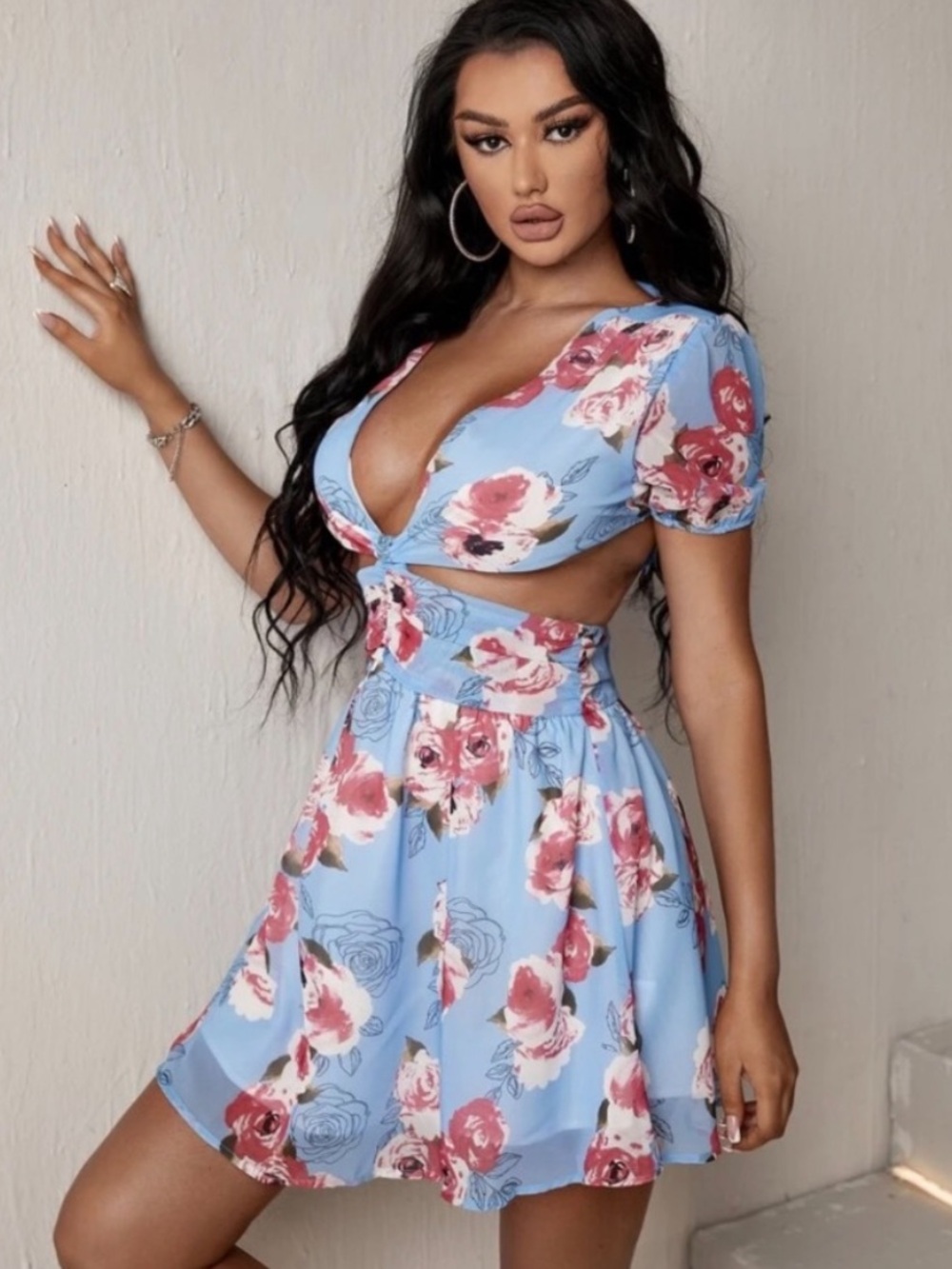 NWOT Floral Print Lace Up Cut Out Backless Chiffon Dress - Blue/Pink, size S - Picture 3 of 13